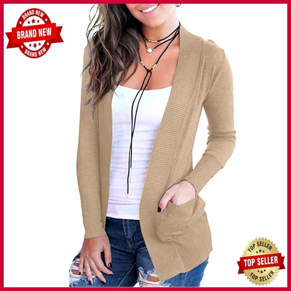 Open Front Long Sleeve Knit Cardigan with Pockets Classic Chic Casual Wear